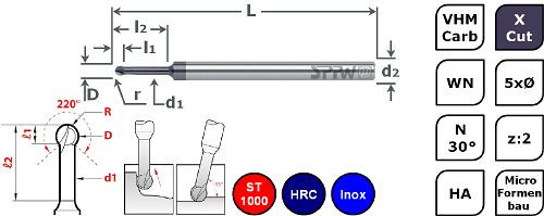 Micro broyeur à boulets SPPW, carbure monobloc + X.Cut 220° L : 60x0.55 z : 2 d3 Ø0.8x4F, 6785220080