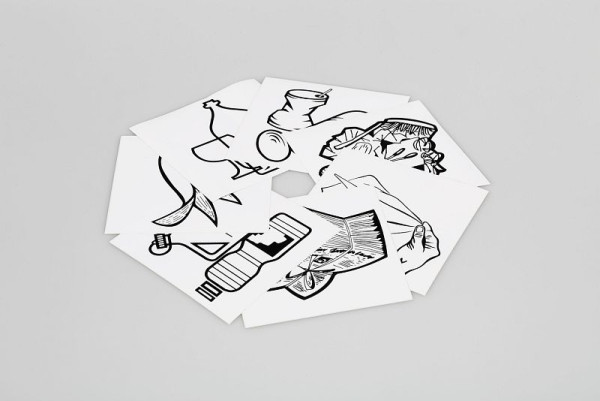 Ensemble d'autocollants pictogrammes VAR, 7 volets, noir / blanc (matériaux recyclables, papier, déchets résiduels, verre, métal, déchets organiques, chiffons de nettoyage), UE : 10 pièces, 1951