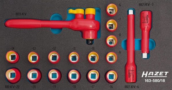 Jeu de clés à douilles Hazet, isolation de protection, carré creux 10 mm (3/8 pouce), profil de traction hexagonal double externe, 8 - 22, nombre d'outils : 18, 163-580/18