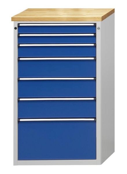 Armoire à tiroirs ANKE; 765 x 700 x 1320 mm; RAL 7035/5010; Plateau en hêtre massif 40 mm; 7 tiroirs 90, 90, 120, 180, 180, 180, 360 mm, 610.117