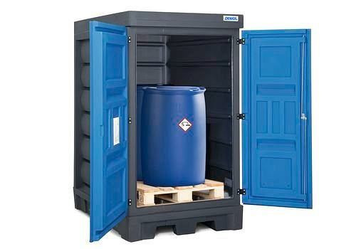Dépôt DENIOS PolySafe type DL pour 2 fûts de 200 litres chacun, disposés l'un derrière l'autre, en plastique, 240-861