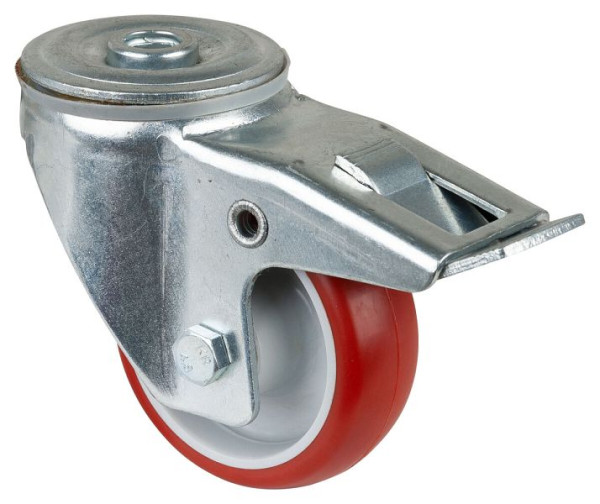 Rouleau de transport BS rollers avec frein, largeur 28 mm, Ø80 mm, jusqu'à 125 kg, bande de roulement polyuréthane rouge, roulement à rouleaux, lot de 2, L121.B31.080