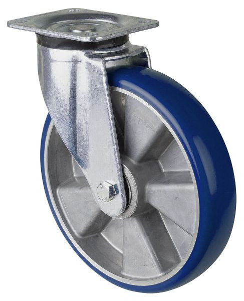 Roulette pivotante pour charges lourdes BS Wheels, roue en polyuréthane 83 Shore, jante en aluminium, roulement à billes, platine, capacité de charge 800 kg, diamètre : 250 mm, L600.B92.250