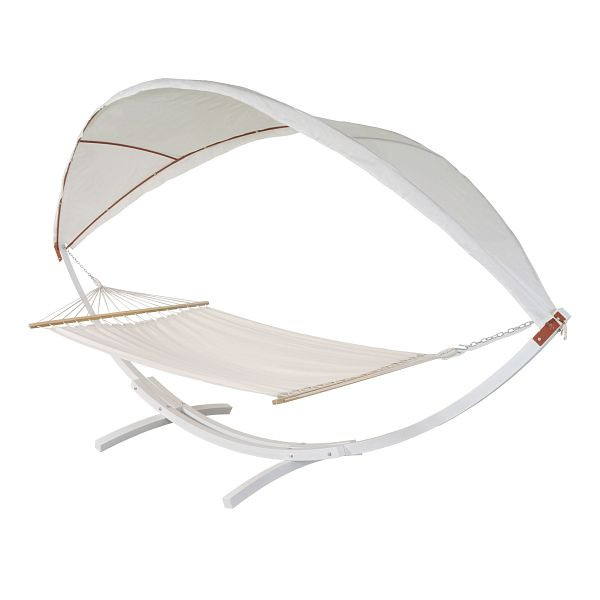 Hamac Mendler HWC-J47, balançoire suspendue jusqu'à 200 kg toit ouvrant cadre en bois FSC 420 cm 2 personnes, blanc, blanc crème, 80674+80675