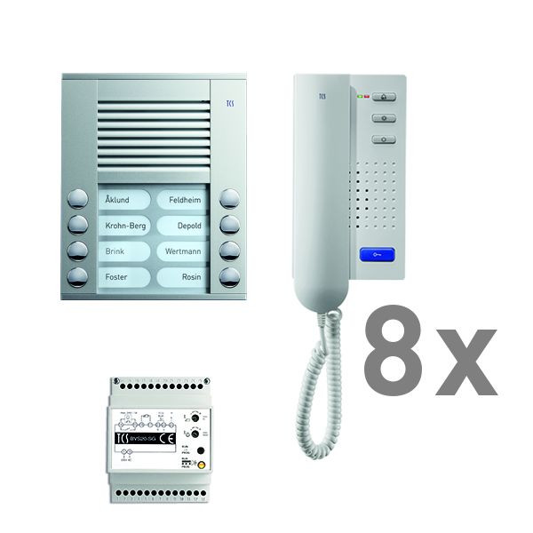 Système de contrôle de porte audio TCS : pack AP pour 8 unités résidentielles, avec poste extérieur PES 8 boutons de sonnerie, 8x interphones ISH3030, unité de contrôle BVS20, PAAH082 / 001