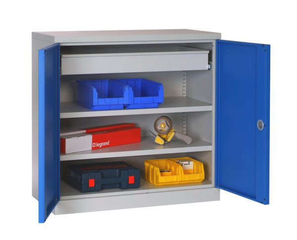 Meuble d'atelier équipé SOFAME L 1000 x P 500 x H 1000 mm, avec 1 tiroir (L890XH100) + 2 étagères, bleu ciel RAL 5015, W030090031GCBI