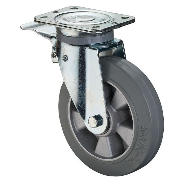 BS Rolls Roulette robuste avec frein, largeur 50 mm, Ø200 mm, jusqu'à 450 kg, bandages élastiques gris, corps de roue en aluminium, roulements à billes, N120.B83.200