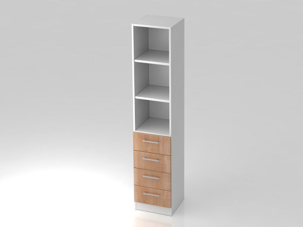 Armoire à tiroirs Hammerbacher 5OH, 4 tiroirs, panneau de base, poignée de garde-corps blanc/noyer, 40,6x42x200,4 cm (LxPxH), V7600/W/N/RE