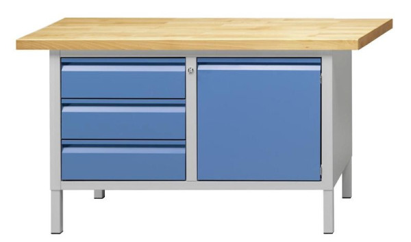 Établi d'armoire ANKE; 1500 x 700 mm; RAL 7035/5012; A gauche 3 tiroirs 170 mm; Droite 1 porte 510 mm