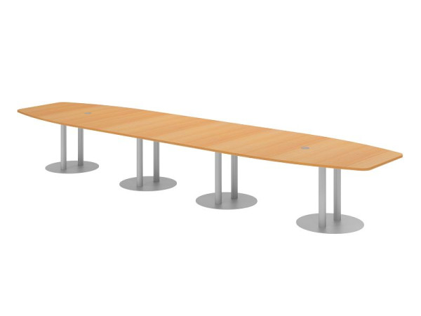 Table de conférence Hammerbacher KT52S, 520 x 130 cm, plateau : hêtre, épaisseur 25 mm, avec quatre pieds colonnes argentés, 7,6/70 cm, hauteur de travail 74 cm, VKT52S/6/S
