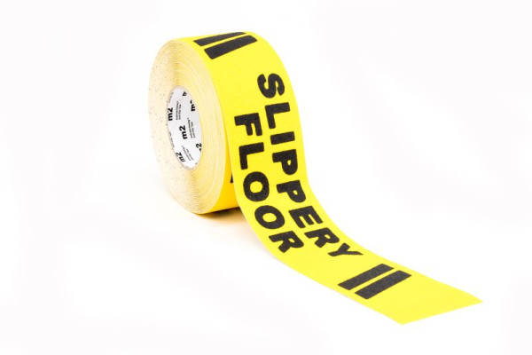 m2 surface antidérapante marquage d'avertissement noir/jaune avec texte "Slippery Floor" rouleau 75mmx18.3m, M11ER075183
