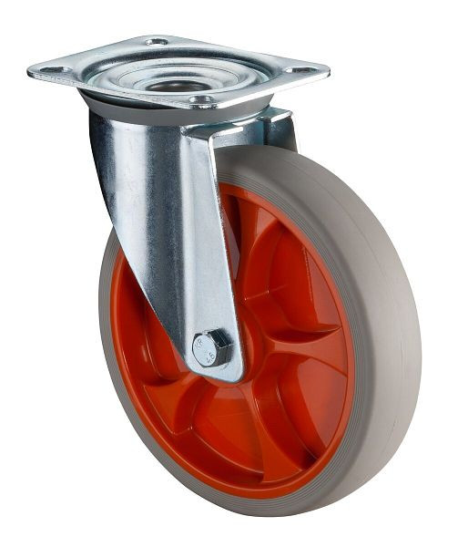 Roulette de transport pivotante BS rollers, roue en caoutchouc thermoplastique, jante orange, bandage gris clair, roulement à rouleaux, platine, diamètre : 200 mm, L400.B44.201.02