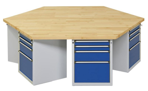 Établi de groupe hexagonal ANKE; 6 lieux de travail; 2340x2700 mm; RAL 7035/5010; Plateau en hêtre massif 50 mm; Longueur de bord 1350 mm, modèle 603 VG