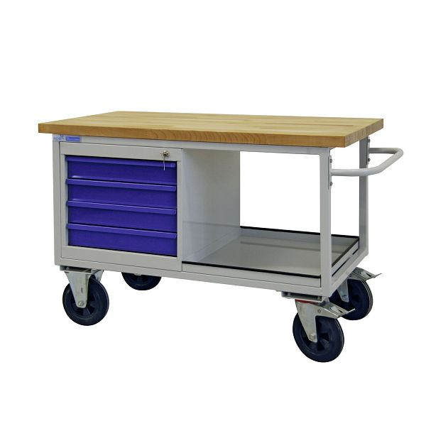 Chariot de table ADB 4 tiroirs+1 étagère, HxLxP : 840x1300x600 mm, couleur chariot de table : gris clair, RAL 7035, couleur porte/tiroirs : bleu clair, RAL 5012, 42741