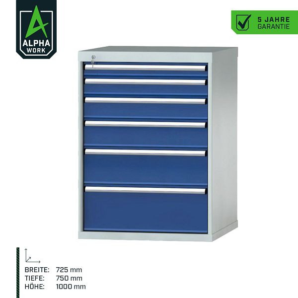 Armoire à tiroirs Alpha Work Basic, 725 x 1000 x 750 mm, corps : gris clair, façade : bleu gentiane, 6 tiroirs, 36x36 unités, 07275