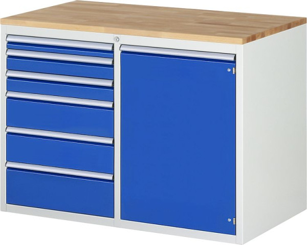 Armoire à tiroirs RAU série 7000, L1145xP650xH825mm, gauche : tiroirs H60 2xH90 2xH150 H180mm, droite : porte battante, plan de travail en hêtre massif, 03-LL5.24.12AB.11