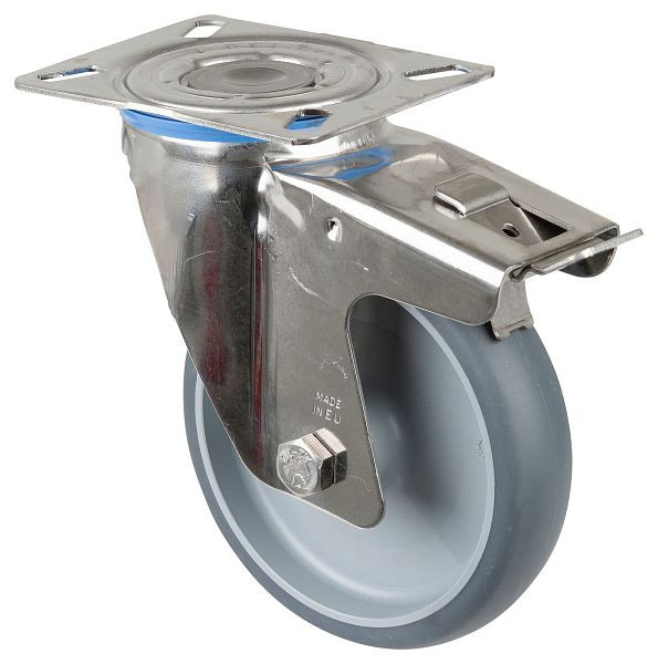 Rouleau de transport en inox avec frein, L40 mm, Ø150 mm, jusqu'à 140 kg, pneus thermoplastiques gris, palier lisse, plateau, H120.B43.150