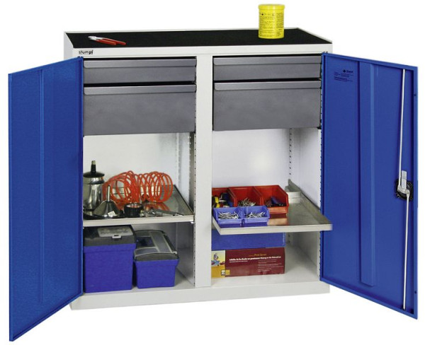 armoire à outils et matériel série 3000, 7035/5010, 2 tiroirs 100 mm, 2 tiroirs 200 mm, 2 étagères, 3002374