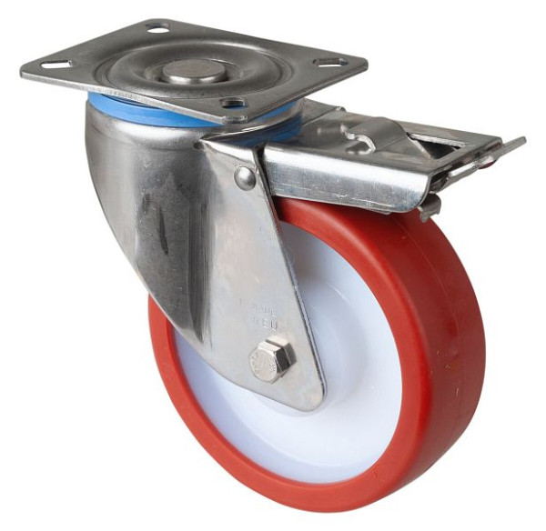 Roulette pivotante pour charges lourdes en acier inoxydable, acier inoxydable, avec frein, roue en polyuréthane rouge à palier lisse, plaque à visser 125 mm, 300 kg, HS120.B27.125