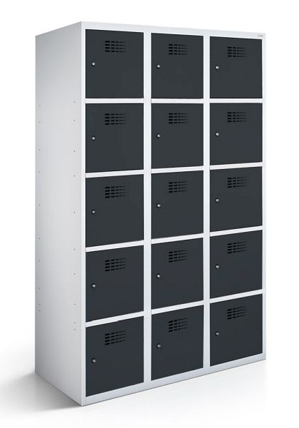 KEMMLIT armoire vestiaire 3 compartiments et 15 portes 30cm avec fond fermé, gris anthracite 7016, loquet tournant, 100720
