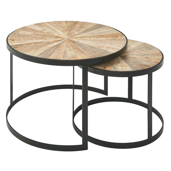 Wohnling Design lot de 2 tables basses rondes en bois de manguier massif, avec pieds en métal marron, WL6.346