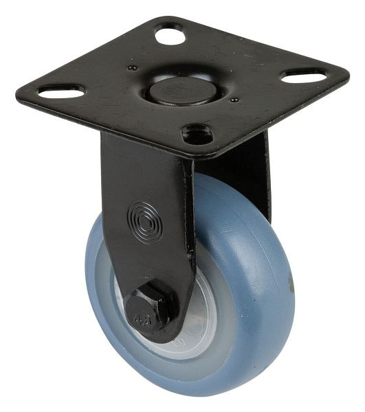 BS Wheels Roulette fixe noire, roue en caoutchouc thermoplastique bleu clair, jante naturelle, roulement à billes, platine, diamètre : 50 mm, lot de 8, A810.A85.050.05