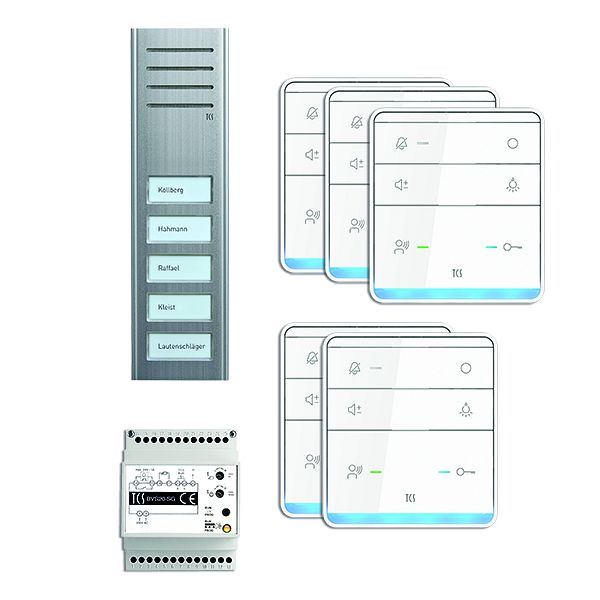 Système de commande de porte audio TCS : pack AP pour 5 unités résidentielles, avec poste extérieur ASX 5 boutons de sonnerie, 5x haut-parleur mains libres ISW5010, unité de contrôle BVS20, PSX2350-0000