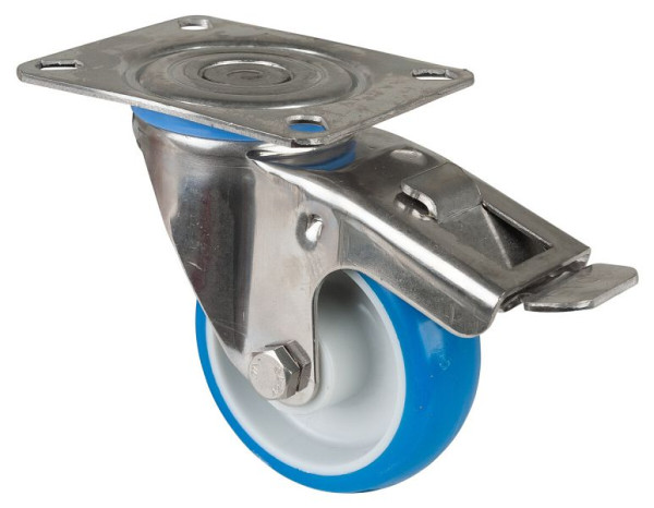 Rouleau de transport en acier inoxydable avec frein, W28 mm, Ø80 mm, jusqu'à 70 kg, surface en polyuréthane bleu, corps en plastique, palier lisse, plaque, H120.B32.080