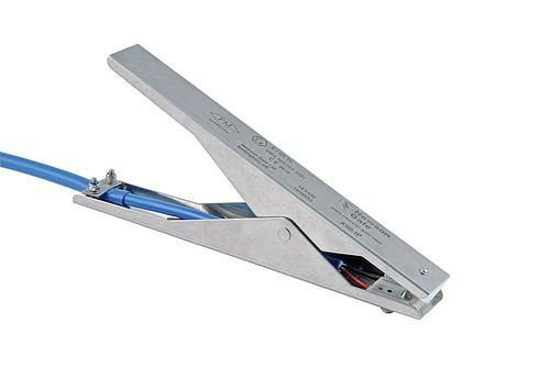 Pince de mise à la terre DENIOS renforcée en acier inoxydable, 2 pôles, L 235 mm, largeur d'ouverture 40 mm, ATEX, 206-261