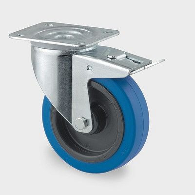 Roulette pivotante TENTE-ROLLEN avec frein, roue Ø 100 mm, capacité de charge 160 kg, hauteur 128 mm, fixation plaque, roulement à rouleaux, 3477UFR100P62 bleu