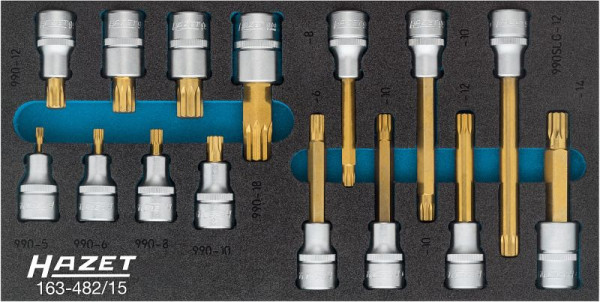 Jeu de douilles tournevis Hazet, XZN, carré creux 12,5 mm, profil multident interne XZN, M5 - M12, 163-482/15