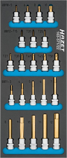 Jeu de douilles tournevis Hazet, carré creux 10 mm, profil TORX® intérieur, profil multident intérieur XZN, profil 6 pans intérieur, 163-571/22
