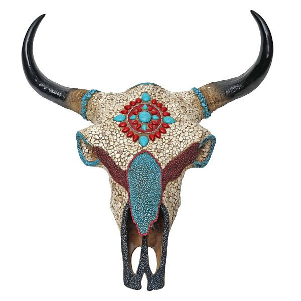Décoration Mendler crâne de vache HWC-D31, tête de taureau tête d'animal taureau trophée tête de vache avec mosaïque, polyrésine 51x50x25cm, 62700