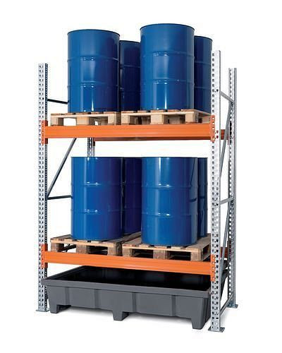 Rayonnage à palettes DENIOS PRP 18.25 pour 4 palettes Euro ou 2 palettes chimiques, 2 niveaux, champ de base, 266-315