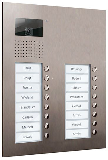 Station extérieure vidéo TCS série AVU avec 16 boutons de sonnerie (alignés à droite), 2 colonnes, UP en acier inoxydable, AVU15160-0030