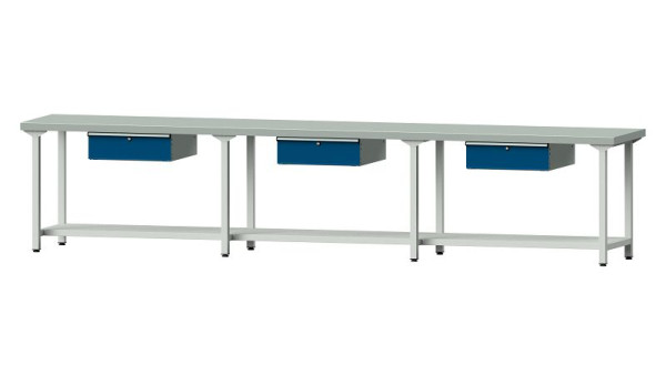 Bancs de travail ANKE table de travail, modèle 103, 4050 x 700 x 850 mm, RAL 7035/5010, ZBP 50 mm, 400.546