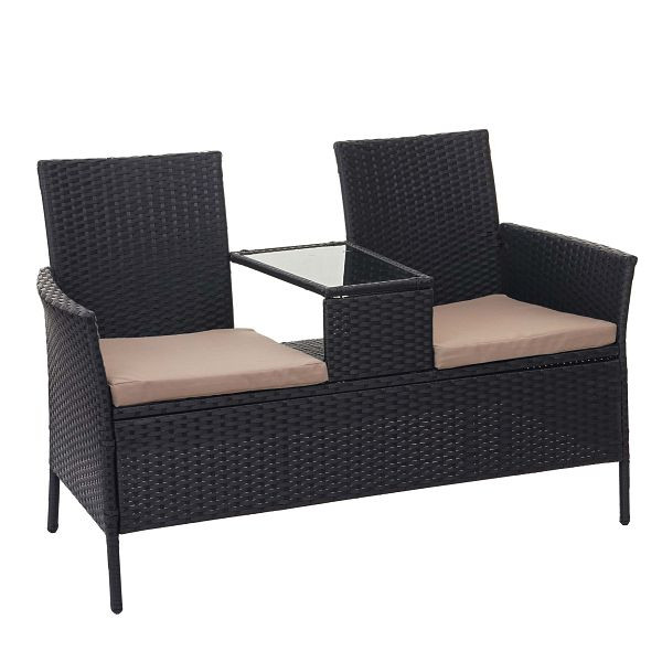 Banc en polyrotin Mendler avec table HWC-E24, groupe de sièges banc de jardin, canapé de jardin, 132cm, noir, coussins crème, 65243