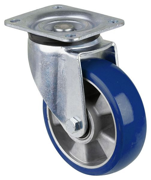 Roulette pivotante pour charges lourdes BS Wheels, roue en polyuréthane 83 Shore, jante en aluminium, roulement à billes, platine, diamètre : 160 mm, L600.B92.160