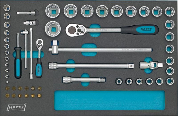 Jeu de clés à douille Hazet, carré creux 12,5 mm, carré creux 6,3 mm, profil à six pans creux, profil Phillips PH, nombre d'outils : 56, 163-57/56