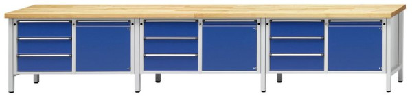 Établi d'armoire ANKE; 3 postes de travail; 4050x700 mm; RAL 7035/5010; A gauche 3 tiroirs 180 mm; Droite 1 porte 540 mm