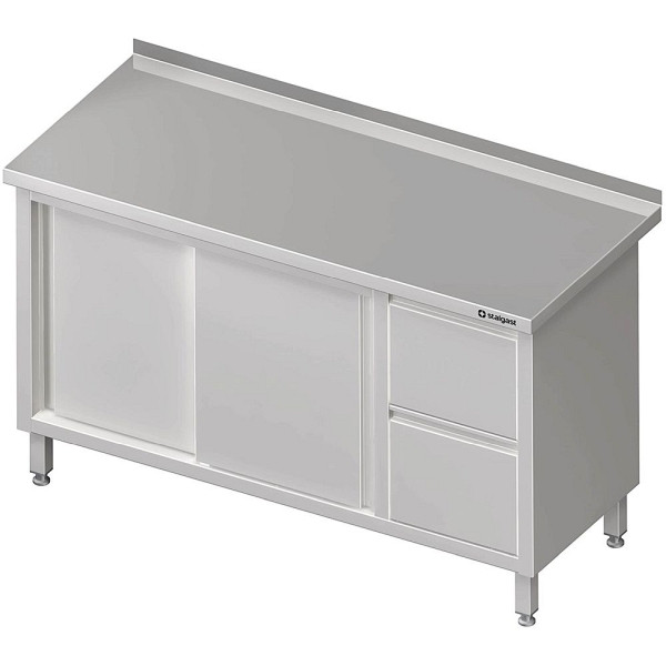 Armoire de travail Stalgast avec portes coulissantes 2000x700x850mm, avec bloc 2 tiroirs à droite, avec dosseret, soudé, VAS20704RA