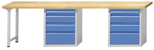 Établi combiné ANKE 2 postes de travail; 2800x700mm; RAL7035 / 5012; Au milieu et à droite, 1 armoire plinthe, 4 tiroirs, modèle 907 E
