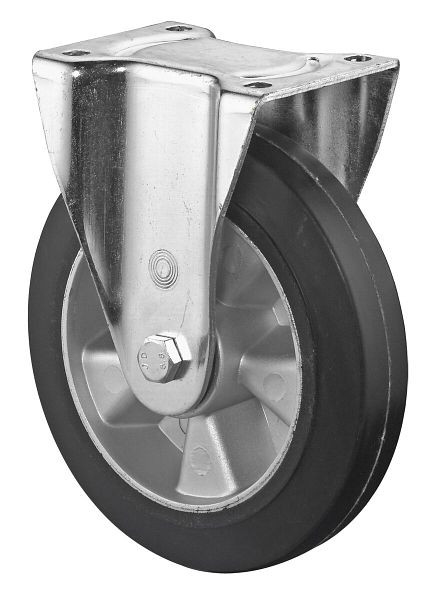 Roulette robuste BS Wheels, roulette fixe, largeur de roue 50 mm, Ø roue 200 mm, capacité de charge 450 kg, bandages élastiques noirs, aluminium, roulements à billes, L610.B80.200