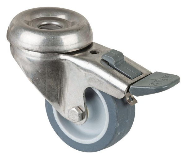 Rouleaux d'appareil en acier inoxydable BS avec frein, largeur 18 mm, Ø50 mm, jusqu'à 40 kg, bande de roulement en caoutchouc gris, palier lisse, lot de 4, G121.A80.051