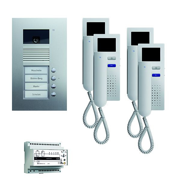Vidéo de commande de porte TCS : pack UP pour 4 unités d'habitation, avec platine de rue AVU 4 boutons de sonnerie, 4x visiophone IVH3222, commande, PVU1640-0010