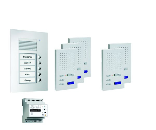 Système de commande de porte audio TCS : pack UP pour 5 unités résidentielles, avec poste extérieur PUK 5 boutons de sonnerie, 5x haut-parleur mains libres ISW3030, unité de commande BVS20, PPUF05-EN / 02