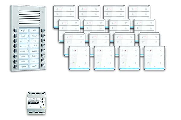 Système de commande de porte audio TCS : pack AP pour 16 unités résidentielles, avec poste extérieur PES 16 boutons de sonnerie, 16x haut-parleur mains libres ISW5010, unité de contrôle, PPAF16-EN / 01