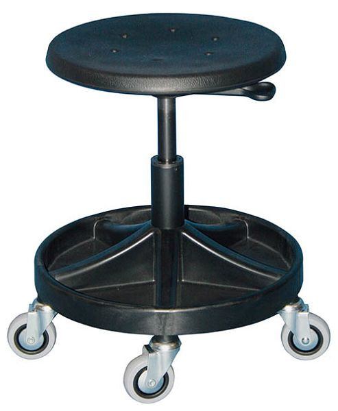Tabouret de travail Bedrunka+Hirth, PU noir, hauteur d'assise 370 - 500 mm, avec deux plateaux de rangement amovibles en plastique de haute qualité, 05.96.12