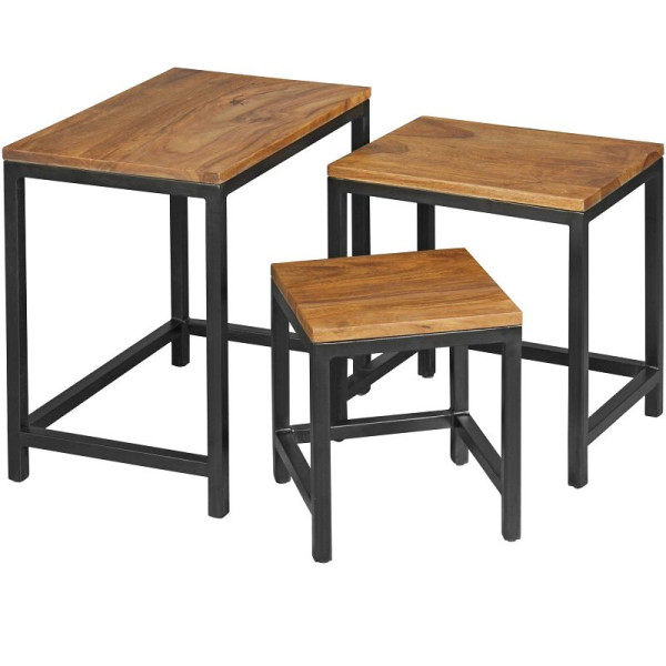 Wohnling set de 3 tables d'appoint design AKOLA Sheesham, pieds en métal, mélange de matériaux en 3 pièces, en bois massif, WL5.212