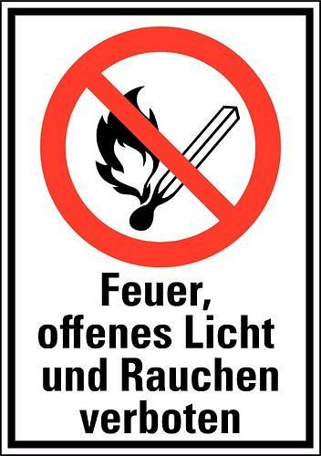 Panneau combiné DENIOS "Feu, lumière, interdiction de fumer", ISO 7010, aluminium, 265 x 370 mm, lot de 5, 164596